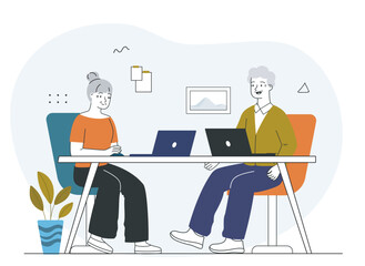 Two people working at laptops indoors. Vector illustration
