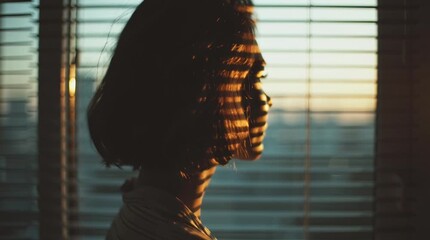 Woman's face illuminated by sunlight through window blinds with city skyline in the background - Powered by Adobe