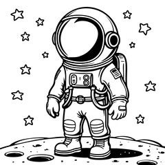 Cartoon Astronaut Standing on Moon with Stars in Background