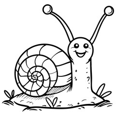 Smiling Cartoon Snail with Spiral Shell on Grass and Leaves