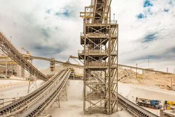 Peru's copper mining industry: A complex network of conveyor belts moves mineral at a processing facility under an expansive sky.