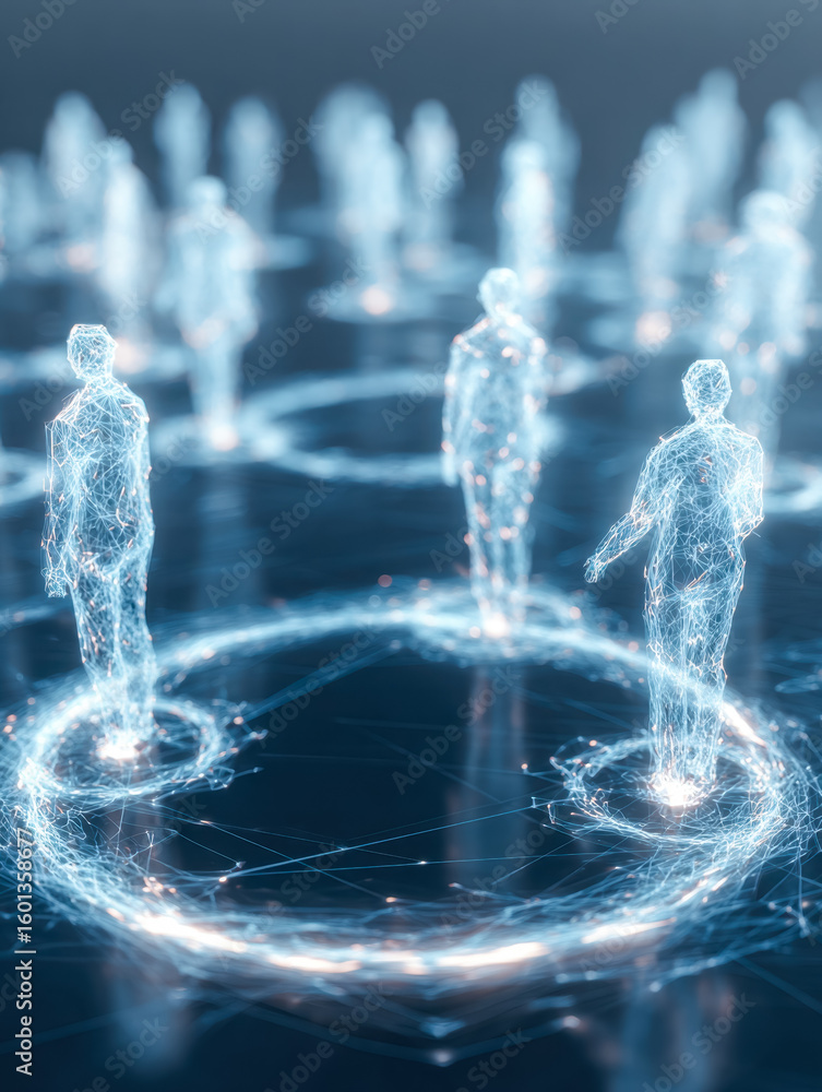 Poster digital network of human figures representing interconnected technology and innovation
