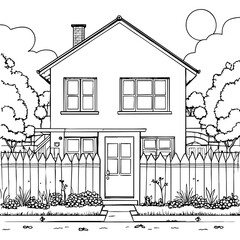 Lovely House with Classic Roof Design, Surrounded by Trees, Fence, and Flowers
