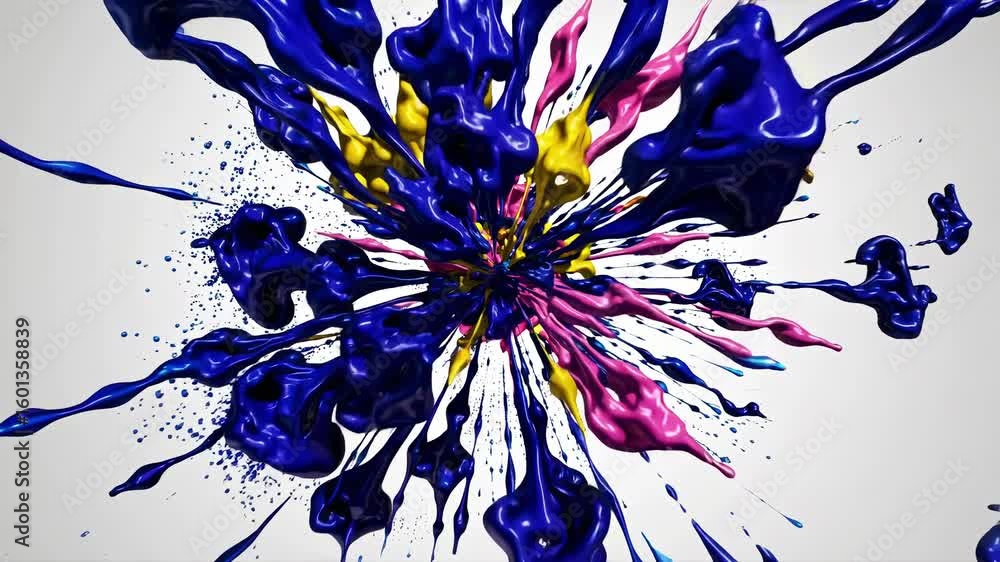 Poster dynamic explosion of colorful paint splashes captured from a top-down angle, creating a vibrant, ene