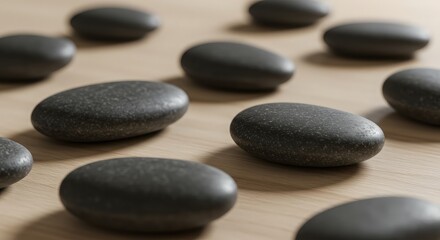 Rounded Black Stones on Wooden Surface for Relaxation and Zen