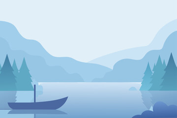 foggy morning by the lake with solitary canoe 