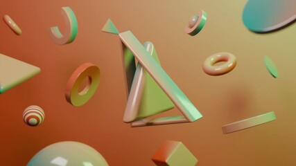 Abstract 3D Colorful 3d geometric shapes floating in an orange background. Abstract video loop - seamless 3D motion animation background for creative video.