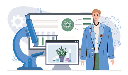 Scientist with microscope and test tubes. Vector illustration