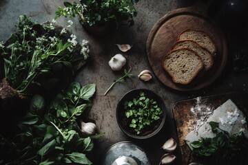 Overhead shot of fresh ingredients arranged on a dark, textured surface, creating a rustic and inviting scene for Ukrainian borscht preparation