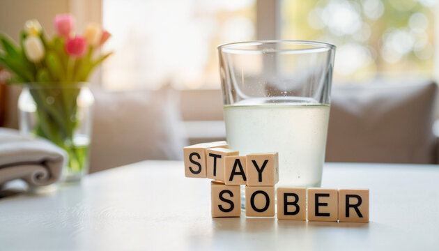 Sober celebration with glass of water on table, promoting sobriety