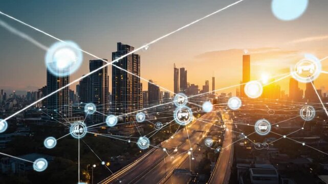 Cityscape with futuristic data network overlays against a warm sunset background