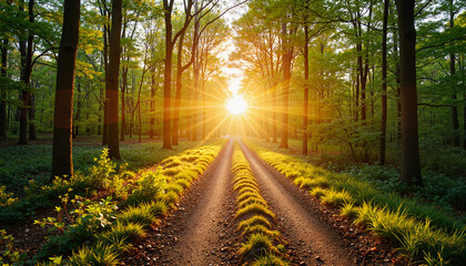 Fototapeta premium Scenic forest path illuminated by sunrise, journey to recovery