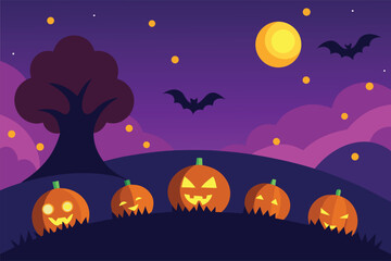 pumpkin patch with bats and magical lights at dusk