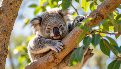 Fototapeta premium Koala resting peacefully in eucalyptus tree, natural serenity