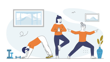 Group yoga session at home indoors. Vector illustration