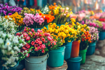 Colorful array of blooming flowers arranged in vibrant buckets at a flower market