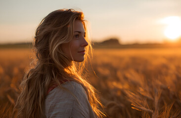 Fototapeta premium A woman with long blonde hair standing in a golden wheat field during sunset