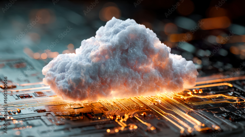 Poster cloud computing concept with a fluffy cloud over a digital circuit board with glowing connections