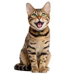 Naklejka premium A charming Bengal cat with bright green eyes, smiling and enjoying itself