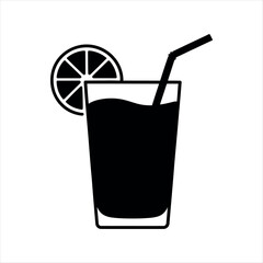 Black beverage with citrus slice and straw drink glass