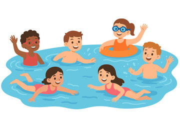 Kids in swimwear, including boys and girls, are in a children's pool, with an underwater view and a scene above the water, having fun during summer vacation, sharing with friends while enjoying