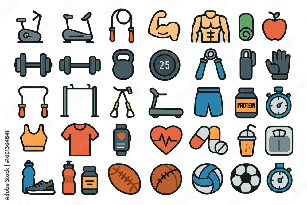 Poster a set of fitness icons is provided with an editable stroke and a white background in a thin line sty