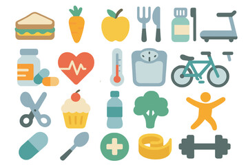 A set of nutritionist flat glyph icons featuring diet food and nutritions including protein, fat, and carbohydrate for a fit body, available as vector illustrations with black signs for overweight