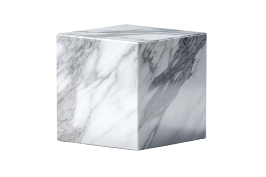 A white marble cube sits on a white background