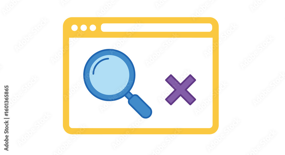 Poster website error page with magnifying glass and cross symbol in flat design