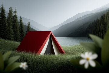 Red tent by mountain lake with forest and wildflowers