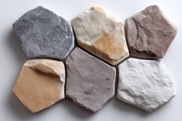 Hexagonal stone tiles in varied earth tones on white surface
