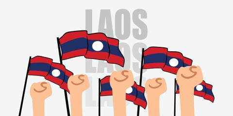 hand with flag of the Laos or Laos independence day vector illustration of Laos flag with gray background banner or greeting card