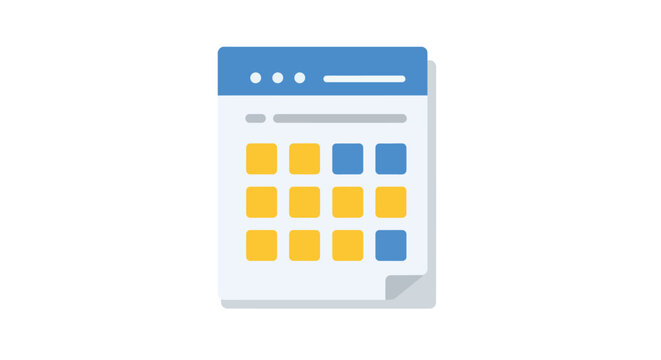 Flat calendar icon with blue and yellow grid for scheduling and planning apps