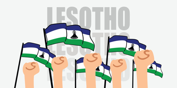 hand with flag of the Lesotho or Lesotho independence day vector illustration of Lesotho flag with gray background banner or greeting card
