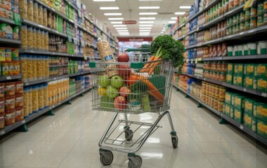 Shopping Cart Loaded in Supermarket: A fully loaded shopping cart brimming with an array of fresh groceries is positioned in the center aisle of a bright supermarket.