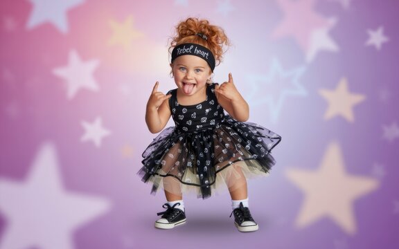 Tiny Rockstar: A captivating little girl exudes pure joy and youthful energy, striking a rock-and-roll pose. Her expressive eyes and charming attitude radiate a sense of playful confidence.