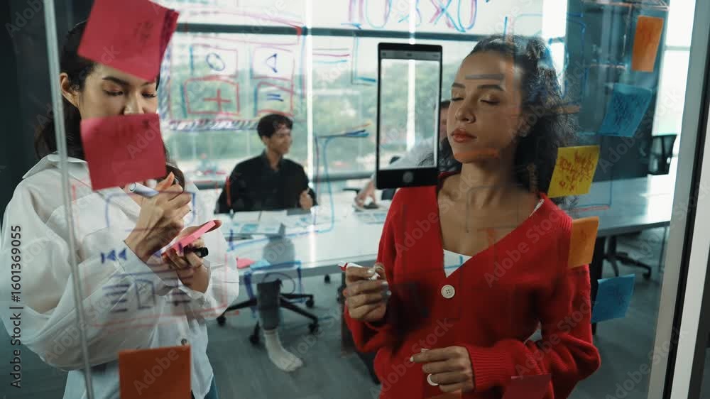 Poster group of smart business team present project to expert investor. professional project manager uses s