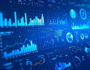 A dynamic digital interface showcases global data analytics with intricate charts and graphs