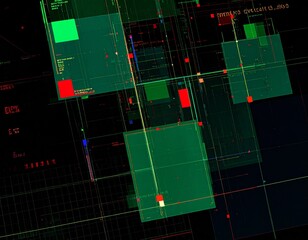 Abstract digital architecture with glowing green and red blocks suggests data management and analysis