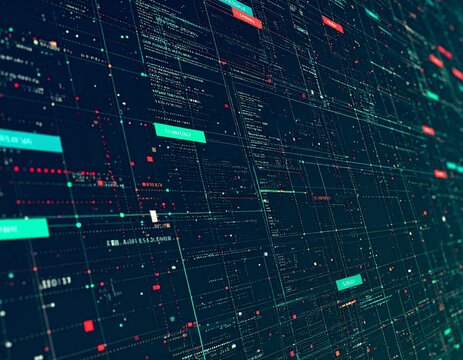 A complex digital network of glowing lines and code streams represents advanced data processing