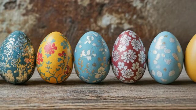A row of eggs with different colors and designs. Some are blue, some are yellow, and some are red