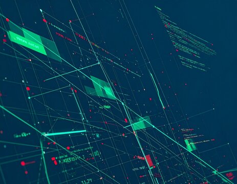 A luminous digital grid with interconnected lines and data points signifies a complex technological network