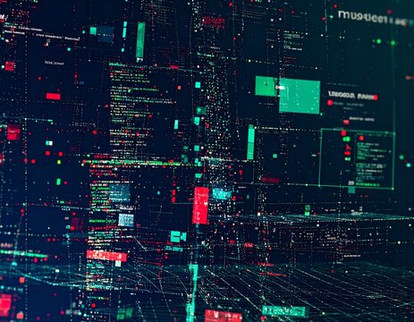 Abstract digital network of glowing data streams and code