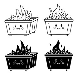 Dumpster Fire Funny Clipart Illustrations with Smiling Kawaii Face, Outline and Silhouette Stamp Variations on a Transparent Background