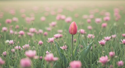 Red tulip standing out among pink flowers in a blooming meadow  