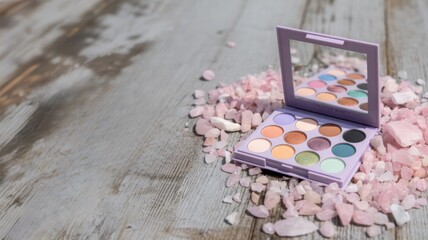 Palette of Colors: An open makeup palette, mirroring a spectrum of hues and shades, rests gracefully amidst scattered stones on a textured, weathered surface.
