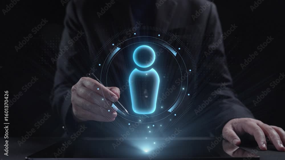 Poster a futuristic digital interface showcasing holographic projections of user data and analytics, emphas
