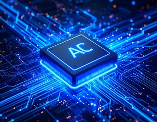 The ai symbol glows brightly on a processor within a complex blue electronic network
