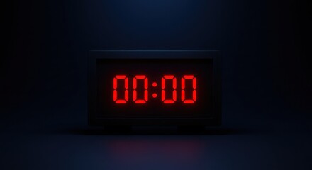 Digital timer displaying zero at midnight on dark background concept of copy space  