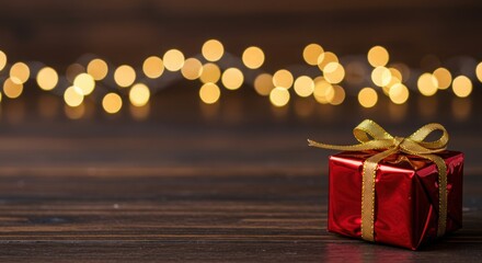 Red gift box with golden ribbon on wooden table with bokeh lights - Concept of copy space  